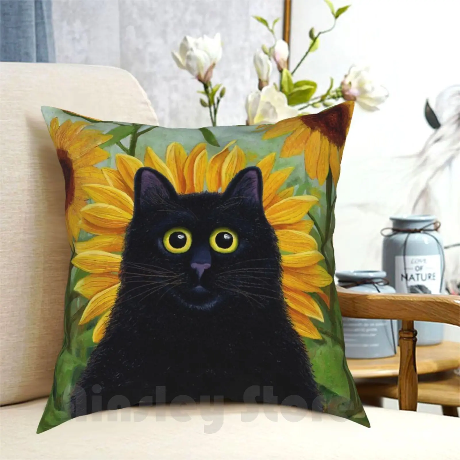 Dan De Lion With Sunflowers Pillow Case Printed Home Soft DIY Pillow cover Black Cat Cats Sunflowers Dandelion Flowers