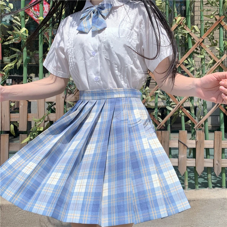 Japanischen College Wind JK Uniformen Kurzarm Studenten Weißes Hemd Hohe Taille Plaid Plissee Rock Stück Weibliche Sommer