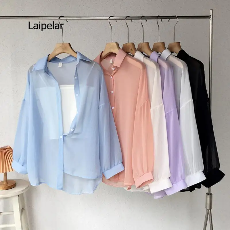 Blouses Women Solid Colorful Summer Sun-proof Chiffon Breathable Thin Womens Korean Style All-match Loose Daily Outwear Shirts