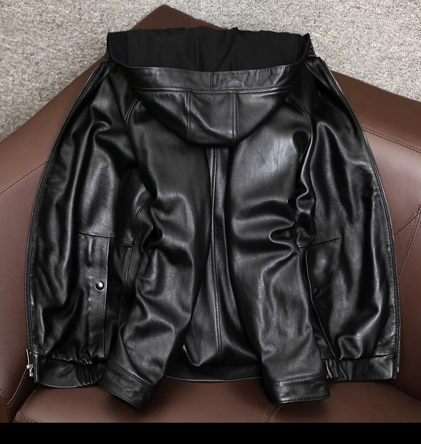 AYUNSUE Men's Genuine Leather Jacket Men Hooded Korean Natural