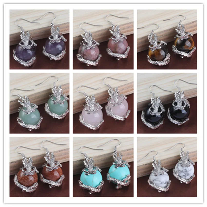 Dragon Crystal Ball Stone Beads Earrings For Women Girls Natural Amethyst Rose Quartz Agates Dangle Hook Stone Earring Jewelry