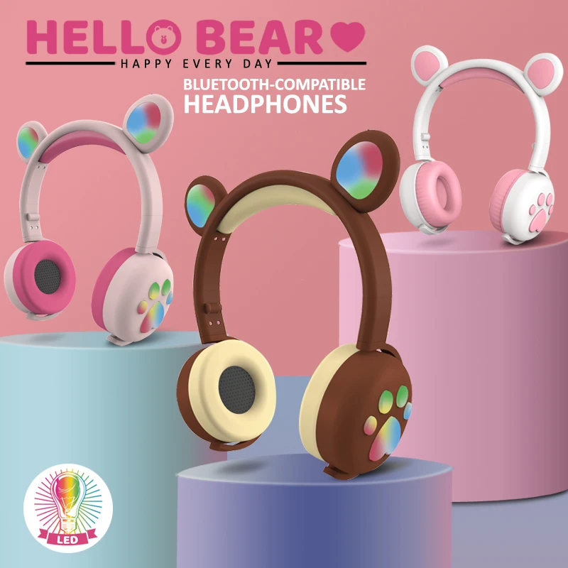 Cute Bear Ear Headset Wireless Bluetooth-Compatible 5.0 Headphone with MIC HIFI Stereo Bass Eeaphone  for  Kids/Children/Girls