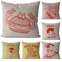 Retro Cartoon Character Printing Childlike Linen Pillowcase Living Room Sofa Decorative Cushion Cover 40*40