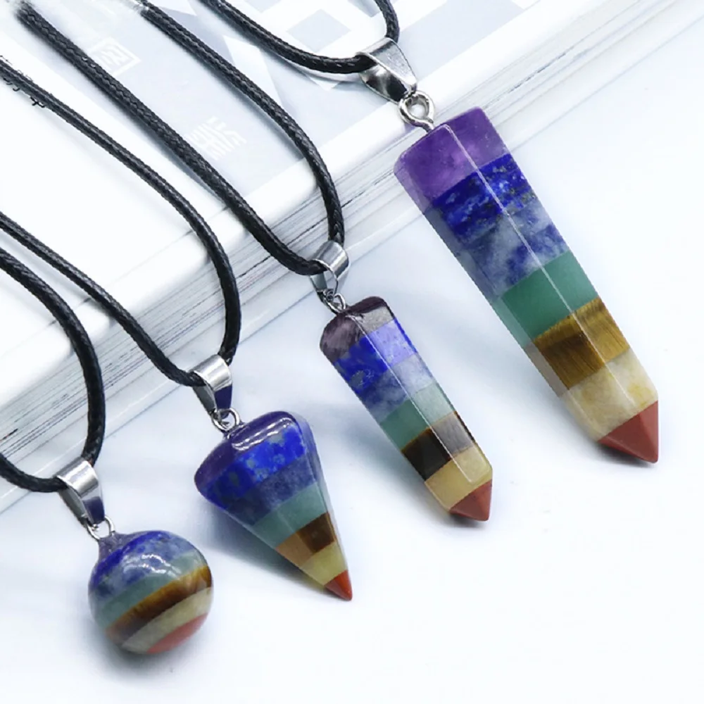 Natural Crystal Pendant Amethyst Blue Gold Stone Tiger Eye Stone Seven Chakra Mineral Energy Fashion Necklace For Men And Women