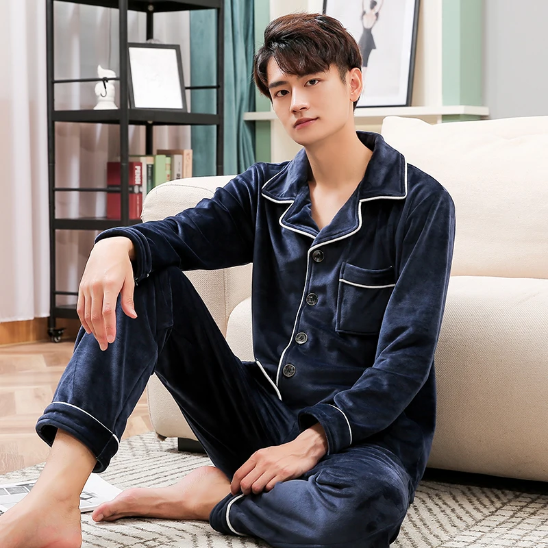 Winter Coral Fleece Pajamas Men PJ Full Sleeves Homewear Warm Thicken Pijama Island Velvet Sleepwear Soft Gray Pyjama Homme