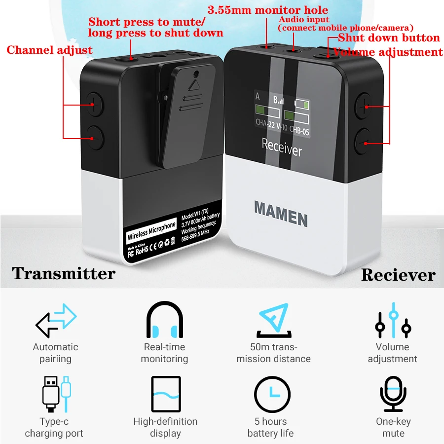 MAMEN Mini UHF Wireless Lavalier sistema microfonico con batteria da 800mAh 50m Pickup per Smartphone DSLR registrazione intervista fotocamera