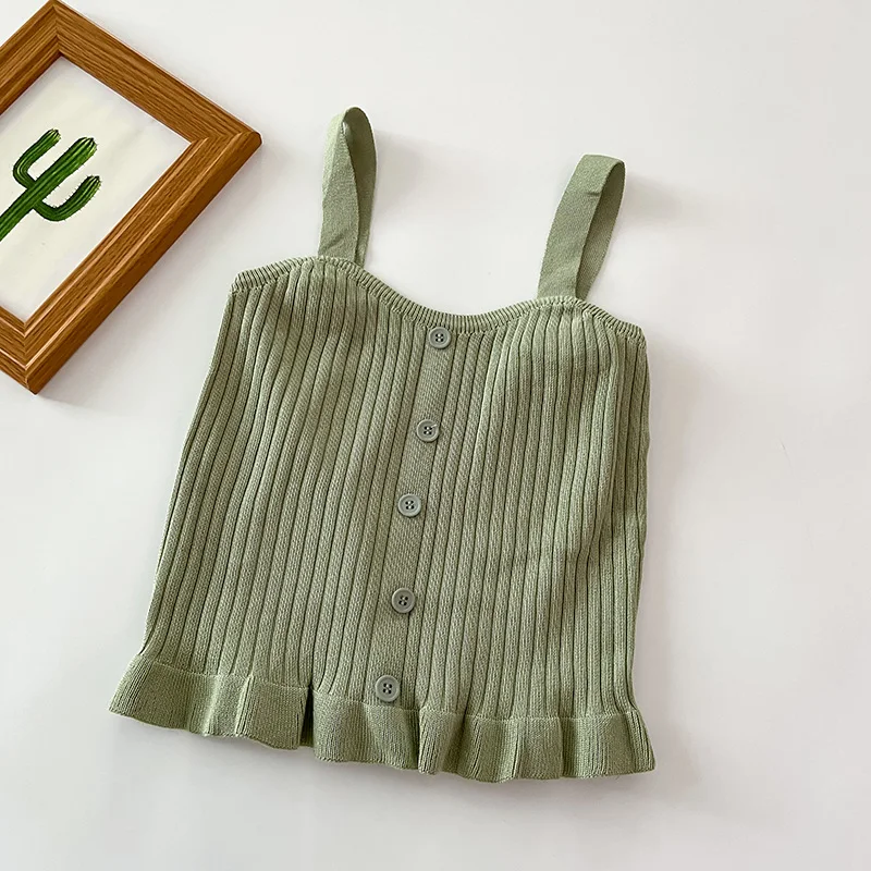 Pearl Diary Women  Strappy Ruffle Knitting Tops Summer Buttons Front Sweet Going Out Tops Sleeveless Sweetheart Neckline Tops