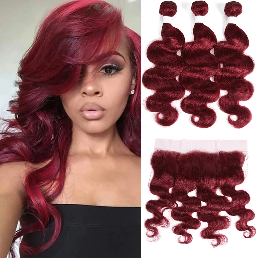 EUPHORIA-mechones de cabello humano Remy brasileño rojo 99J con encaje Frontal 13x4, mechones ondulados, 3 mechones con cierre de encaje Frontal