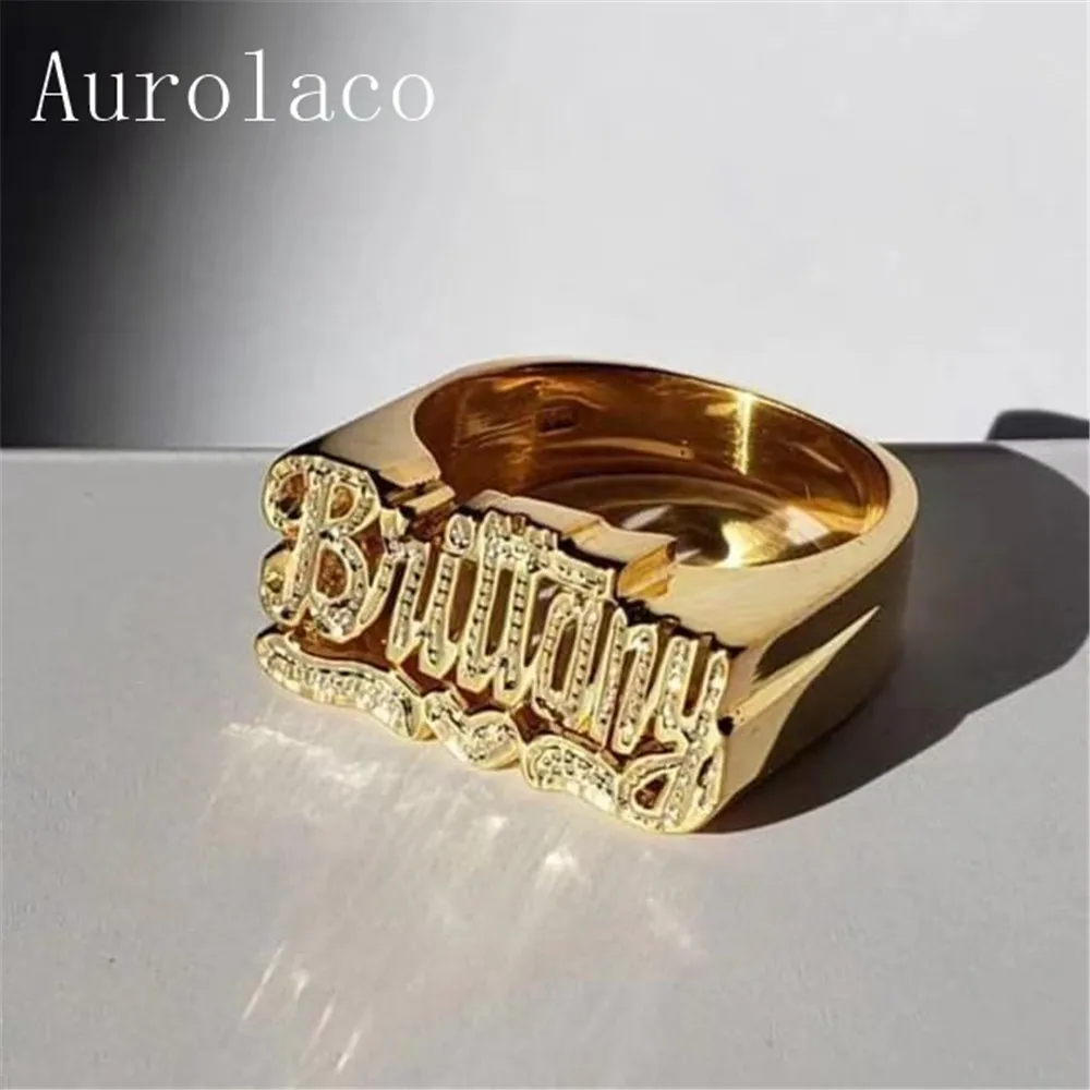 AurolaCo Custom Name Rings Gold Personality Hip Hop Ring Women Fashion Punk Letter Ring Gifts