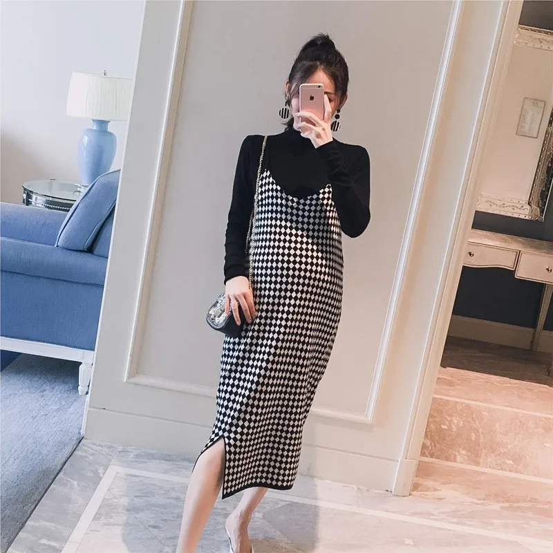 2PCS/Set Black Knitted Maternity Bottoming Shirts Sling Plaid Dress Autumn Korean Fashion For Pregnant Women Pregnancy Clothes