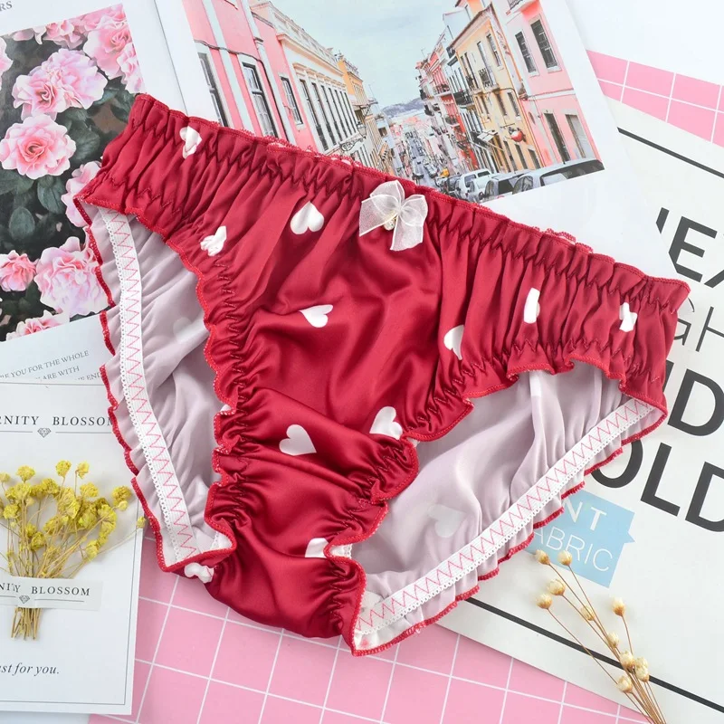 Women Panties Lace Sexy Lingerie Female Casual Underpants Satin Gril Briefs Ladies Heart Pattern Kwaii Underwear Intimates