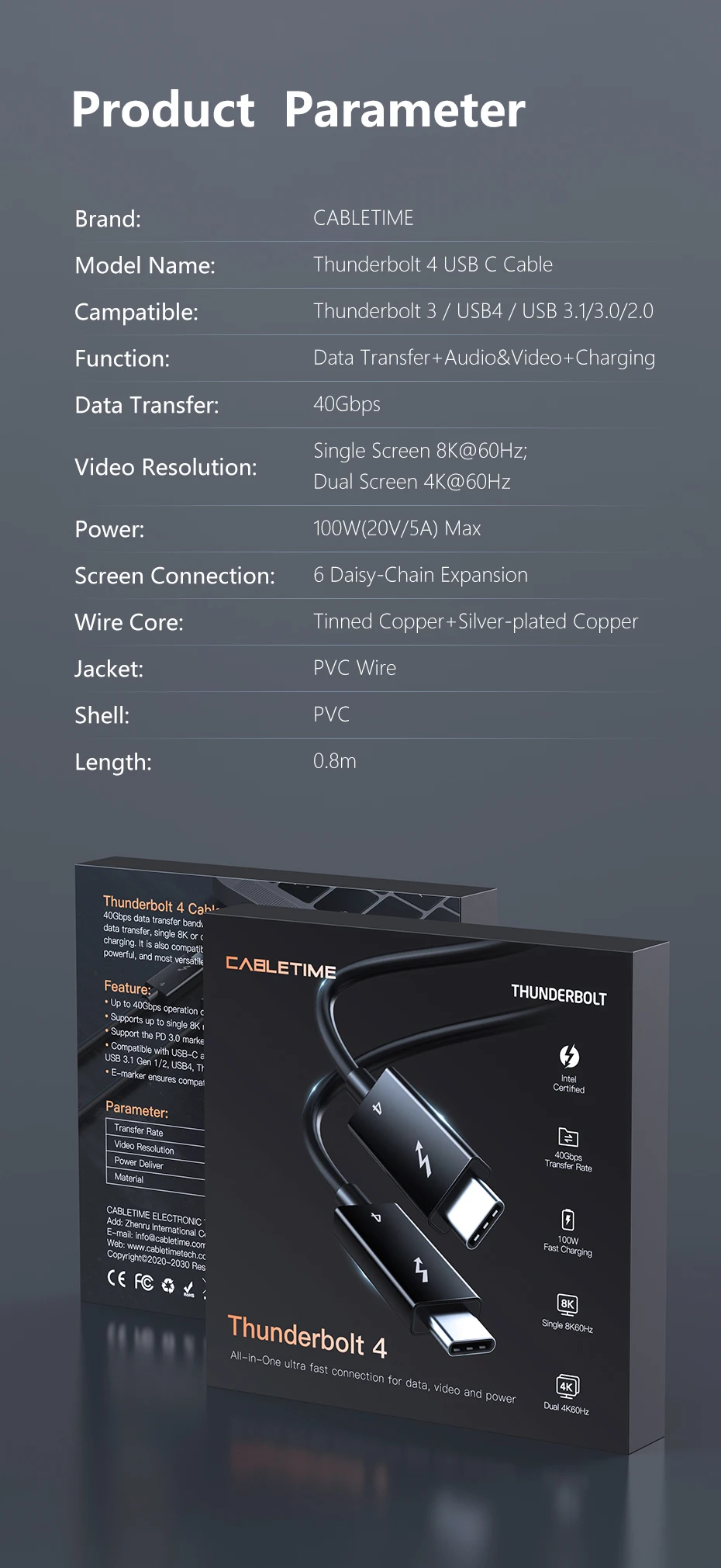 CABLETIME Thunderbolt 4 USB-C-Kabel Typ C 8K 60 Hz PD100W 40 Gbit/s kompatibles USB-4-Kabel für MacBook Dell Laptop Intel – Detail 15