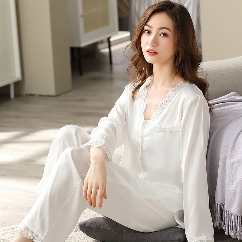 

Satin Silk Pajamas Set Women Summer Lace Patchwork Pyjama Mujer PJ White V-Neck Sleepwear Bedroom Satin Pijama Femme Nuisette