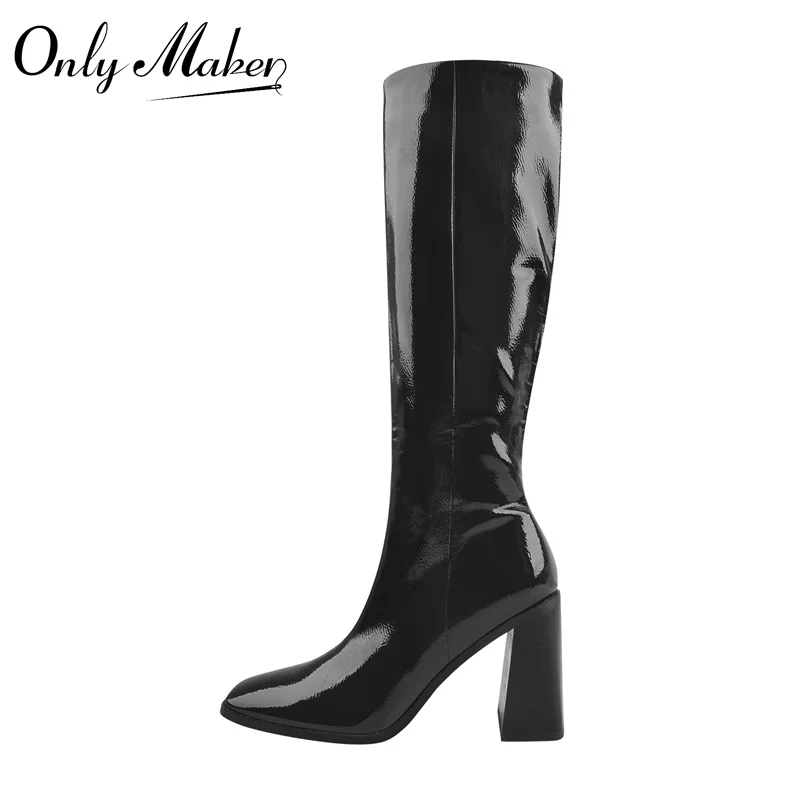 Onlymaker Women Square Toe Knee High Boots Black PU Patent Leather Chunky High Heels  Side Zipper Fashion Sexy  Big Size Boots