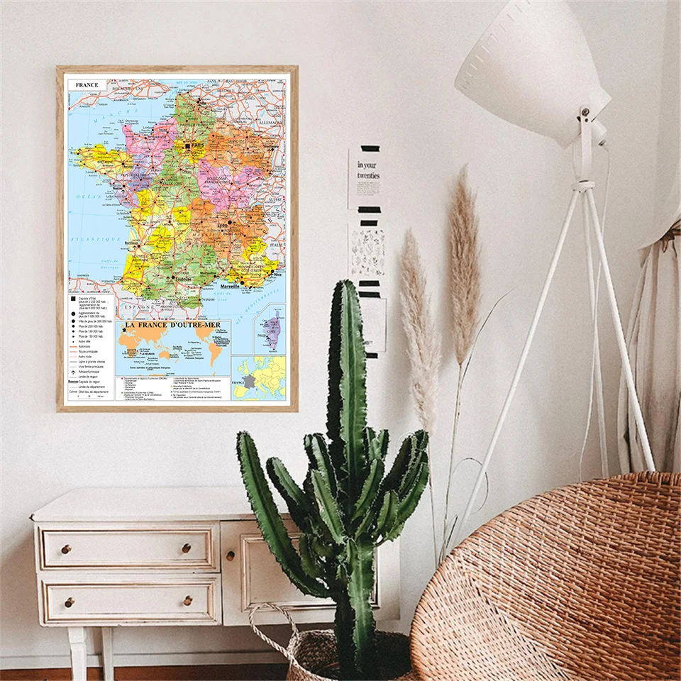 42*59cm Political Map of The France Wall Poster Non-smell Canvas Painting Travel School Supplies Home Decoration In French