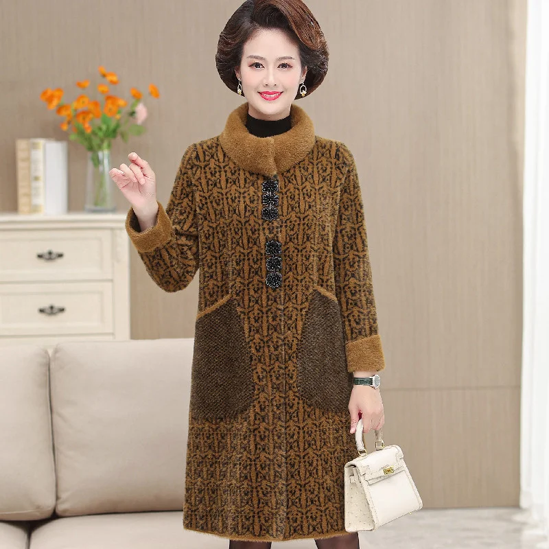 Autumn Winter Imitation mink Velvet Coat Women Middle Aged Mother Mid-length Casual Loose Thicken Woolen Jacket Female Overcoat