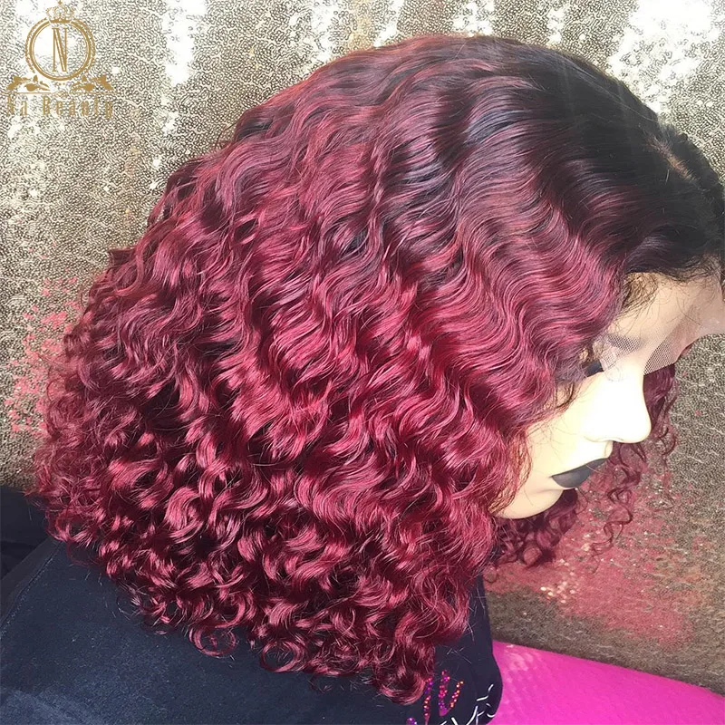 1B/99J Lace Frontal Wigs Colored Jerry Curly Short Bob Wigs For Women Human Hair For Black Women 1B/Burgundy Color Natural Color