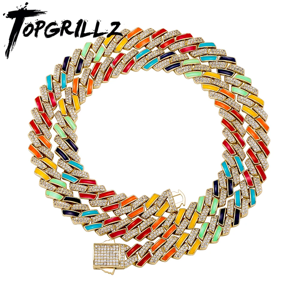 

TOPGRILLZ New 10mm Colorful Dripping Oil Cuban Prong Chain Necklace with Spring Clasp Hip Hop Punk Fashion Jewelry For Gift