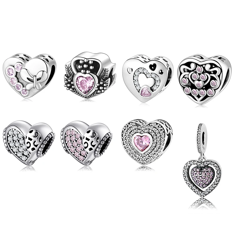 Valentine's Day Gift 925 Sterling Silver Fascinating Heart Shape Pink CZ Bead Fit Original Fine Charm Bracelet Jewelry Making