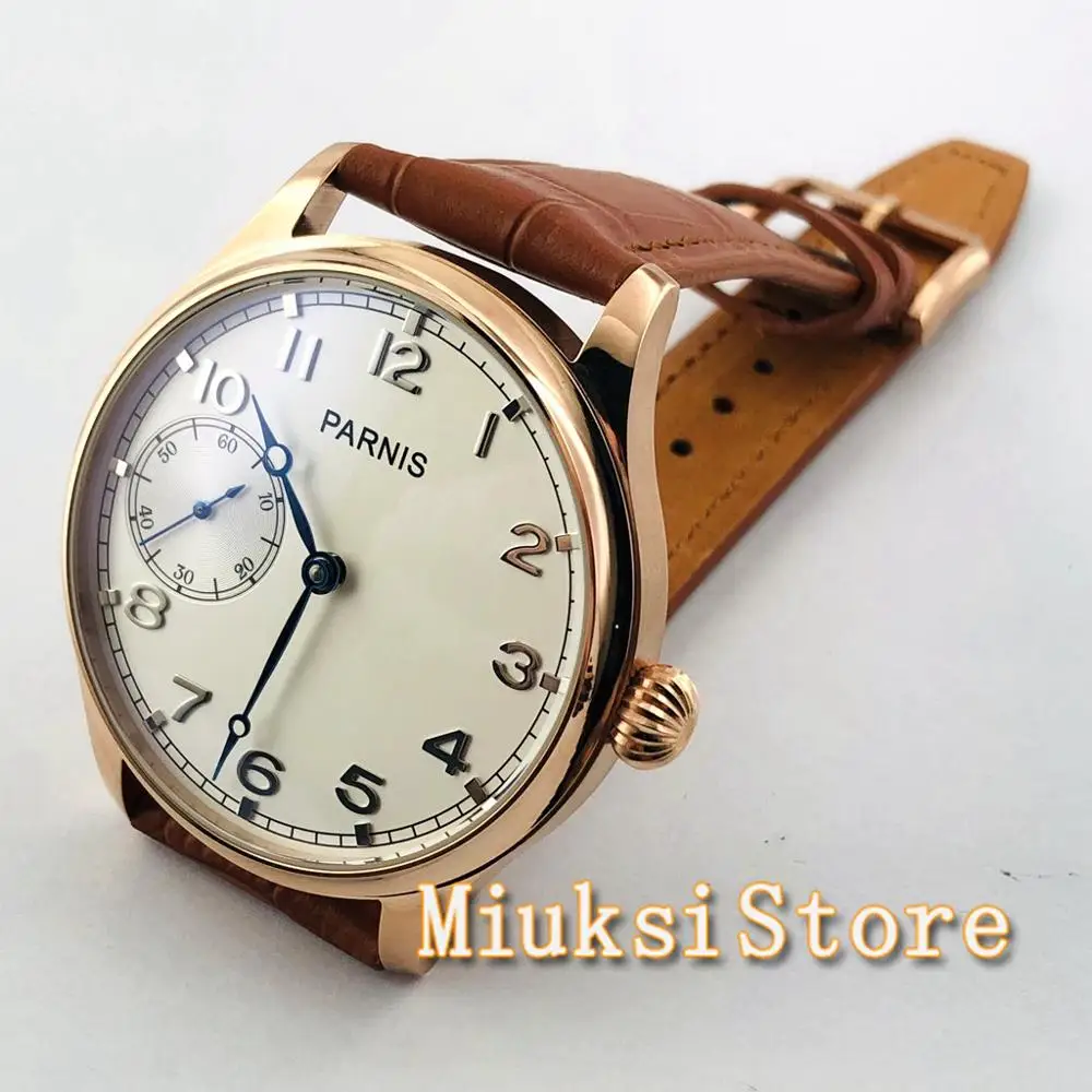 Parnis Men\'s Popular Mechanical Watch Rose Gold Case White Dial Sea gull 3600 hand winding movement Leather Strap Men\'s Watch