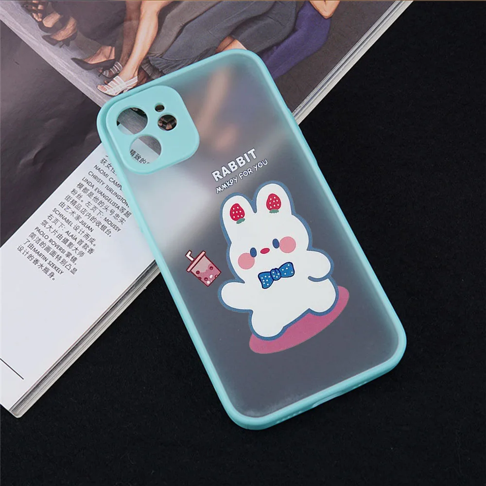 Kawii Cartoon Milk Tea Rabbit Phone Case For iPhone 13 Pro MAX 11 12 XS X 7 SE20 XR 8 Plus Strawberry Hard Cover Matte Coque