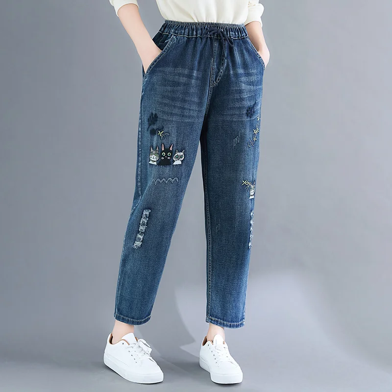 Mass Wasss Neue 2022 Frühling Damen Lose Vintage Elastische Design Jeans Europäischen Stil Blau Stickerei Denim Hosen Casual Hosen