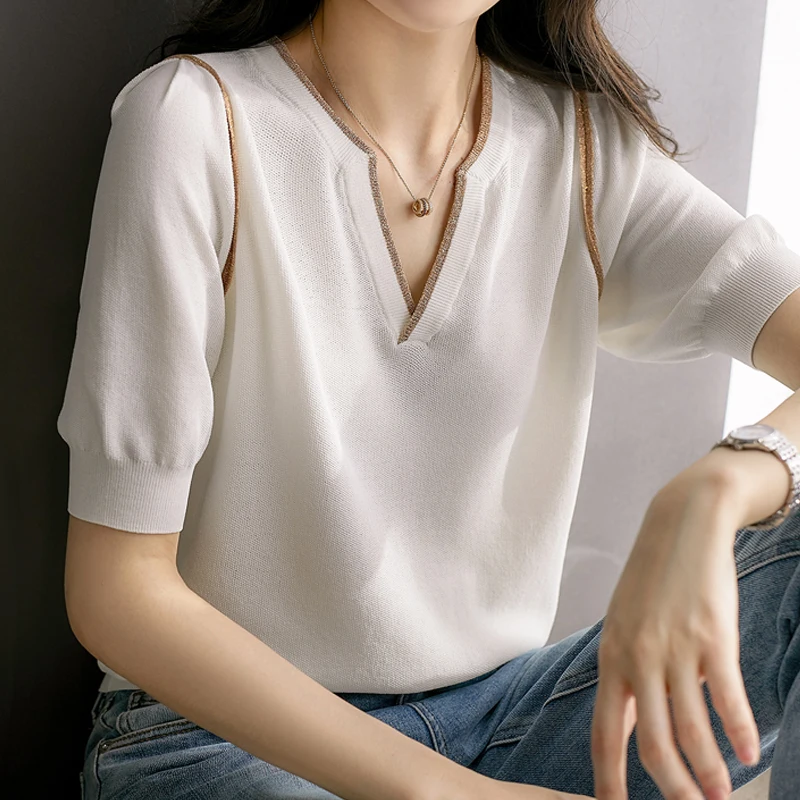 Summer Women Blouse Short Sleeve Knitted Blouse Shirt Tops Women Pullover Blusas Mujer De Moda 2024Verano Blouses Femme F78