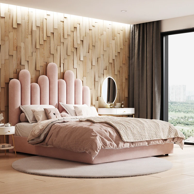 Post-modern light luxury bed solid wood bed Simple double bed master bedroom wedding bed 1.8 meters Hong Kong style new special