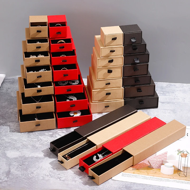 

24 pcs Paper Drawer Gift Box with Black Sponge Jewelry Packaging Cardboard Ring Bracelet Earring Display Necklace Boxes