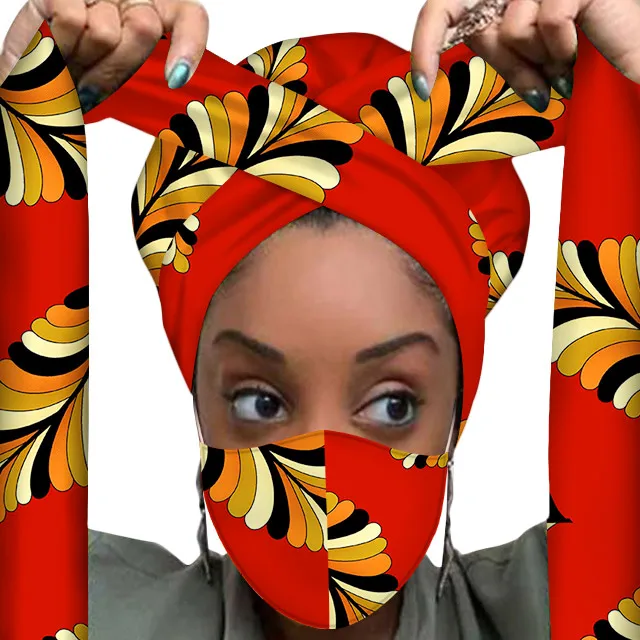 African Headwrap Women Wax Fabric Traditional Headtie Scarf Turban set with matching color Mask protection set on Sale