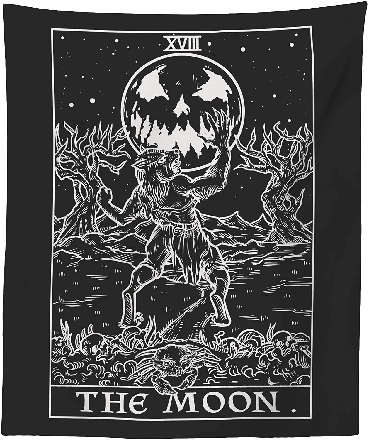 The Moon Tarot Card Tapestry (Black & White) - Werewolf - Gothic Halloween Home Décor