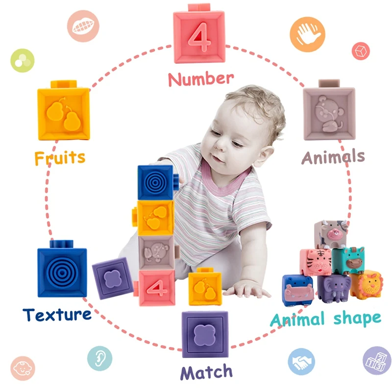 Baby Building Blocks Toys Silicone Soft Sensory Teething Squeeze Toy Food Grade Silicone Building Blocks Newborn Educational Toy