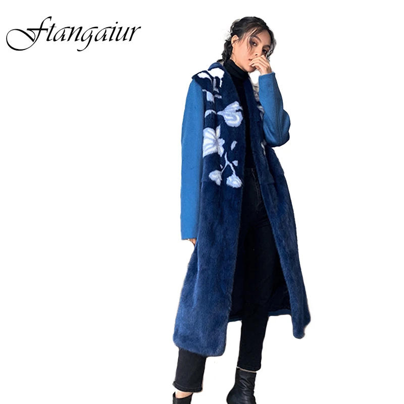 Ftangaiur  Winter Import Velvet Mink Fur Coat For Femal Print Wool double-sided Natural Fur Coat Women Real Mink Fur Coats