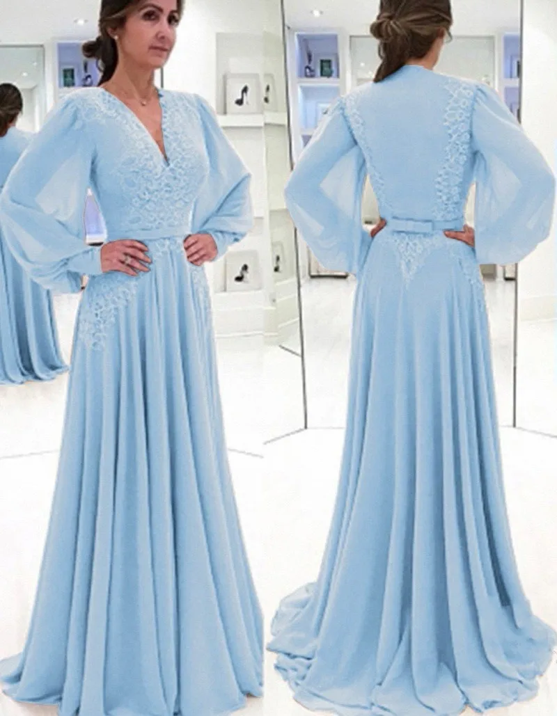 2021 eleganti abiti da sera arabi musulmani blu scollo a v profondo pizzo Chiffon Plus Size abiti da ballo lunghi da ballo abiti da Noiva