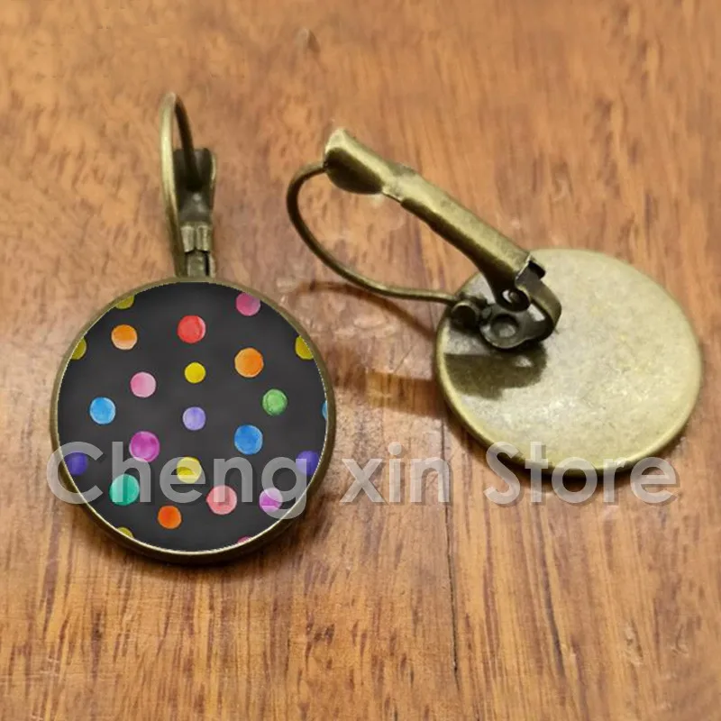 Classic red black polka dot pattern round glass convex round dome earrings handmade jewelry