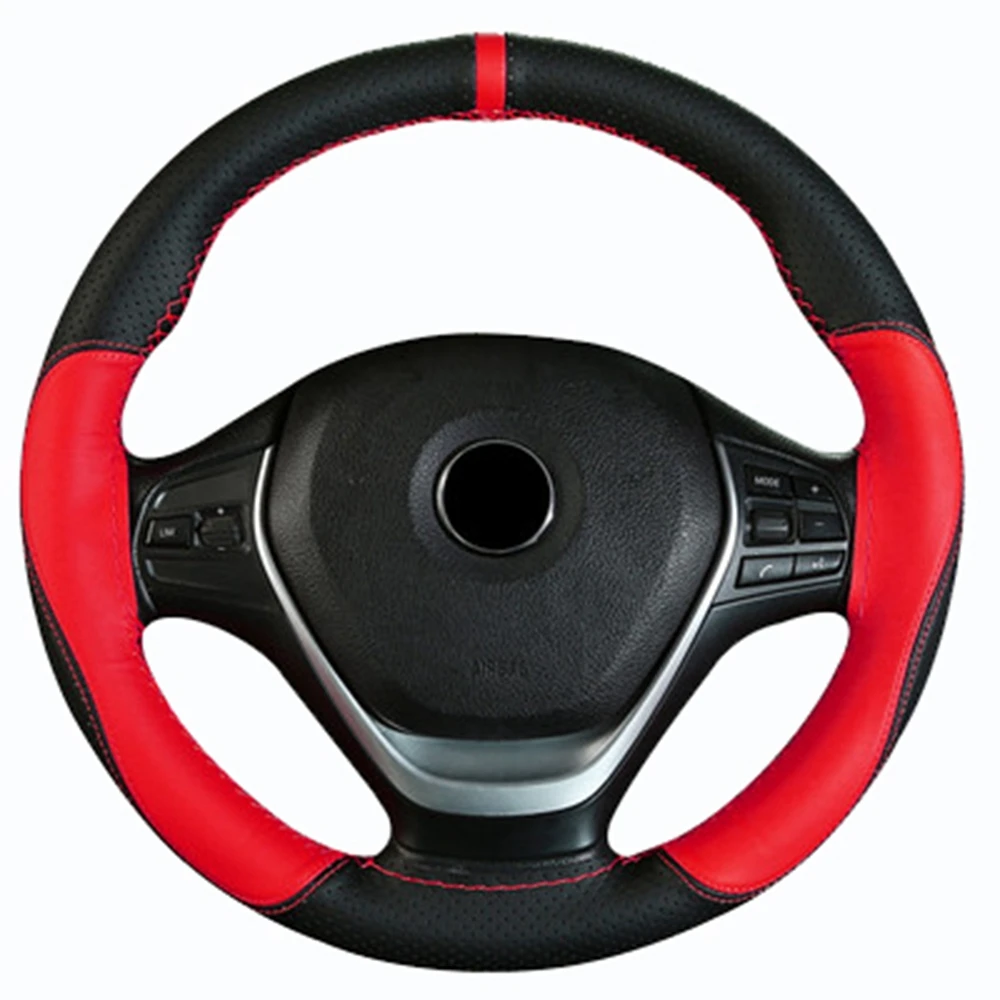 38cm Top Layer Cowhide Soft Genuine Leather Braid Steering Wheel Cover Black Double Line Hand-stitched With Needle Thread