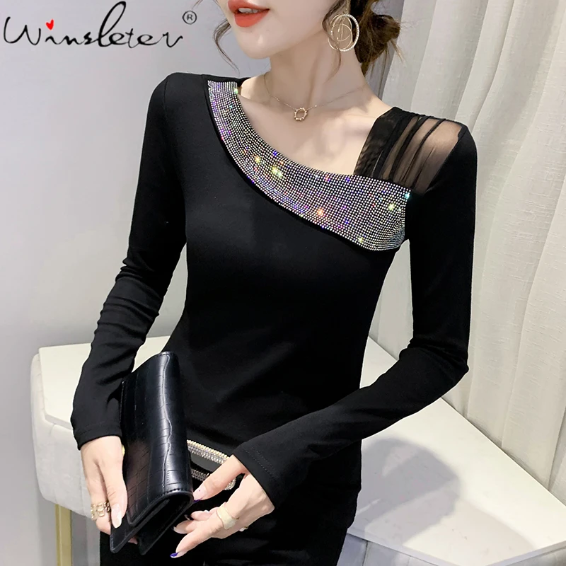 

Spring Fall European Clothes T-Shirt Fashion Sexy Skew Collar Patchwork Mesh Shiny Diamonds Women Cotton Tops 2021 Tees T18626A