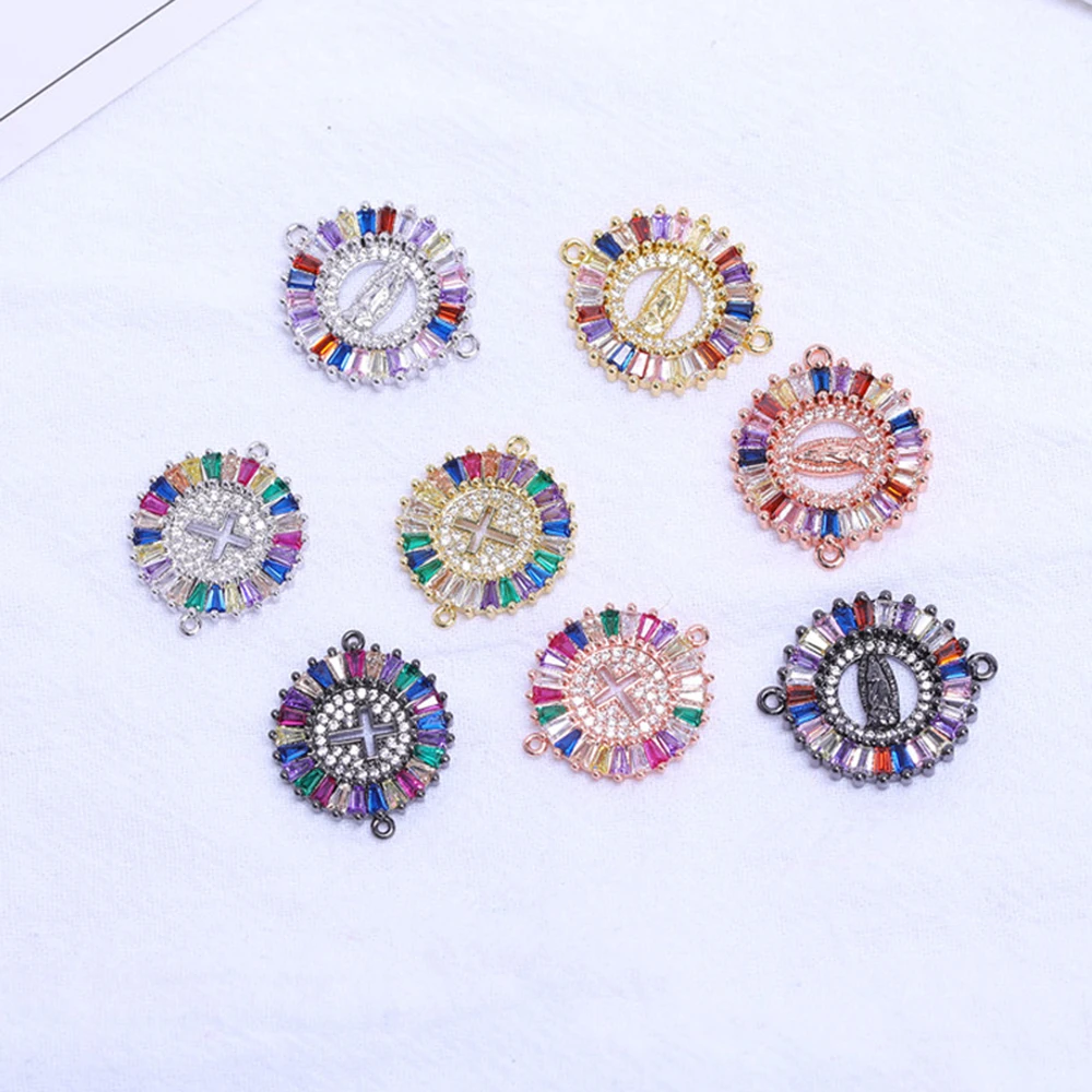 Rainbow Zirconia Connectors Rhinestone Cross Virgin Mary Christian Jewelry Accessories For Making Bracelets Necklace Components