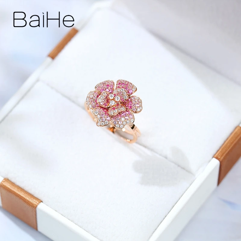 BAIHE Solid 14K Rose Gold Natural Pink Sapphire Flower Ring Pendant Dual-use Trendy Party Fine Jewelry Making Fáinne Bláth