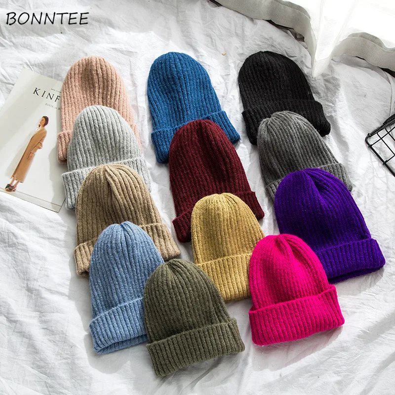 New Solid Wool Beanie Knitted Warm Soft Trendy Winter Hats Simple Korean Style Women Wool Casual Caps Elegant All-match Beanie