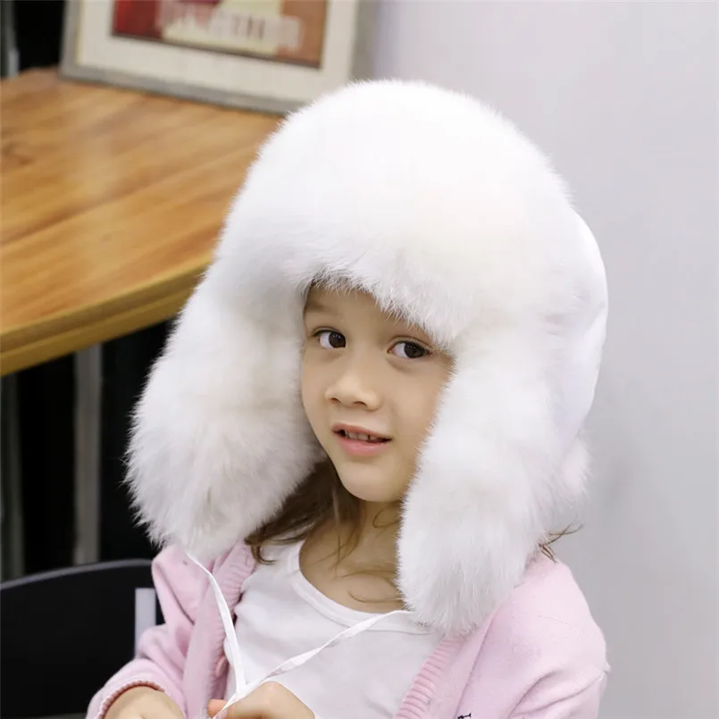 New  Boys and Girls Warm Winter Real Fox Fur Hats with Earflap Ear Protection Children Outdoor Lei Feng Hat R9