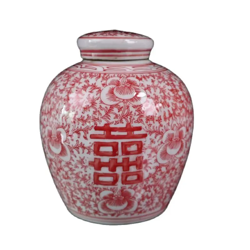 Underglaze Double Happiness Red Lotus Covered Jar,Chinese Old Porcelain Collection Storage Tank