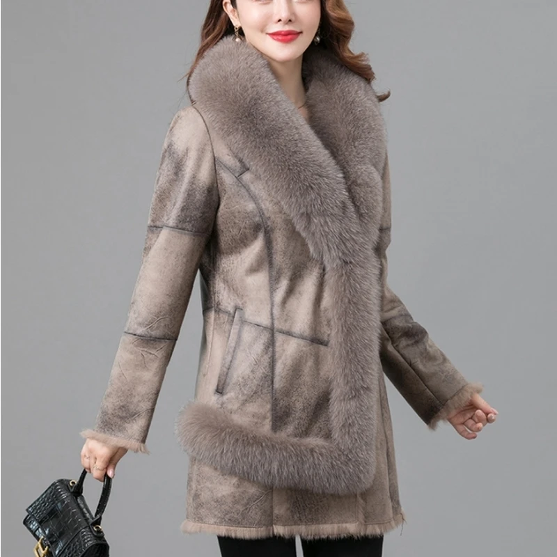 2021 Winter New Double Face Rabbit Fur Overcoat Women Long Rabbit Fur One Coat Fox Fur Collar Trims Slim Warm Fur Jackets