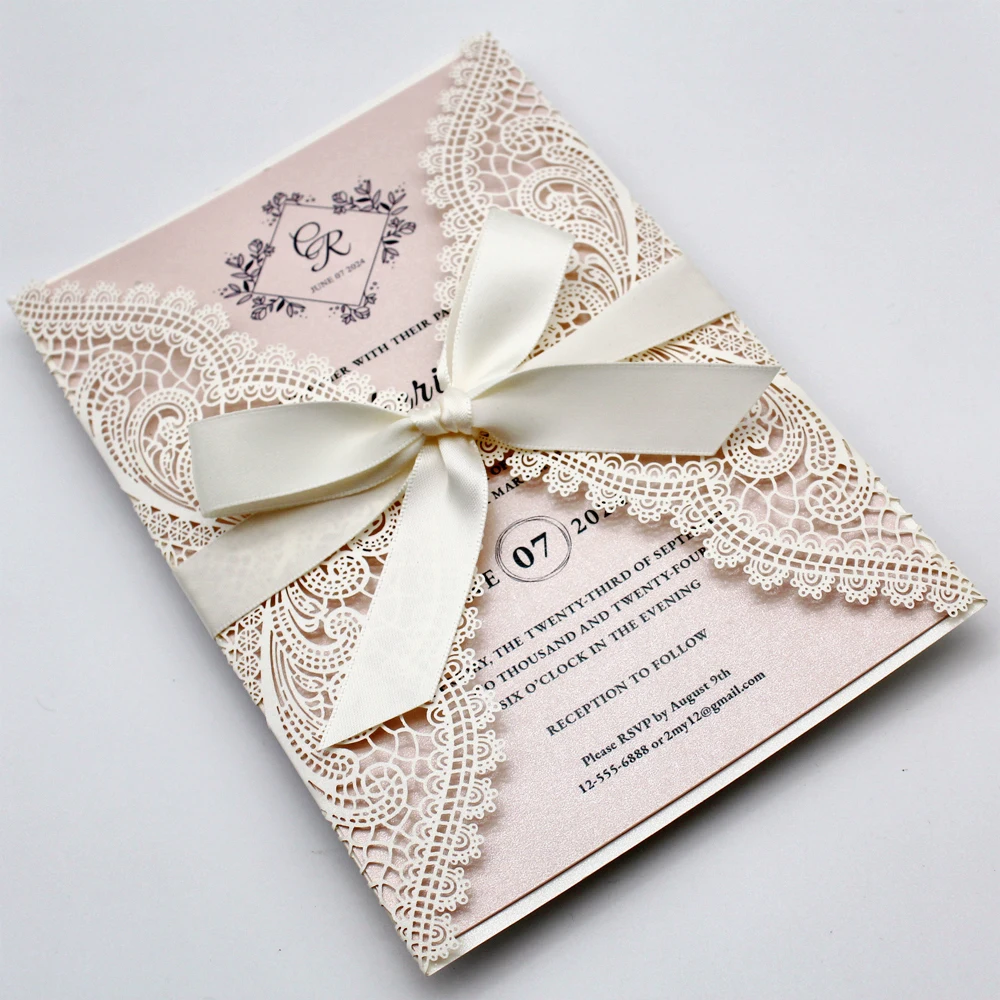 

White Lace Laser Cut Wedding Invitations with Blush Pink Shimmer Insert, Elegant Invite Cards for Wedding - Set of 50 pcs