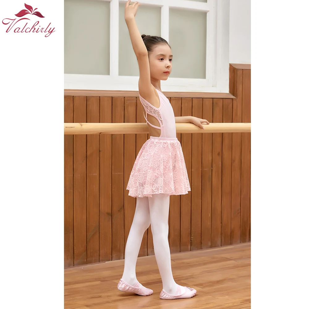 New Girls Ballerina Ballet Dance Costume Kids Flower Lace Dancewear Leotard with Skirt Pink Black Purple Colors