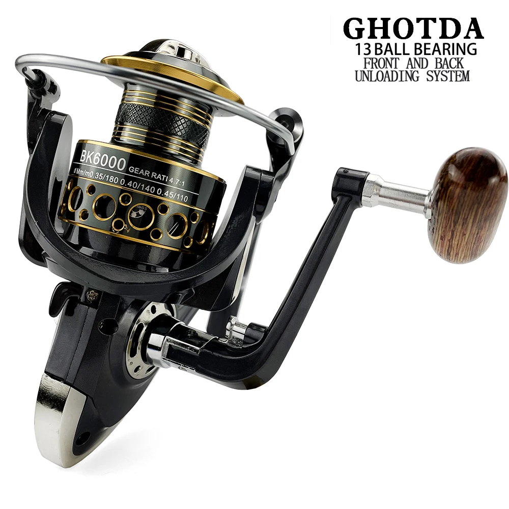 GHOTDA Fishing coil Wooden handshake 12+ 1BB Spinning Fishing Reel Metal Spool Left/Right Handle Fishing Reel Wheels