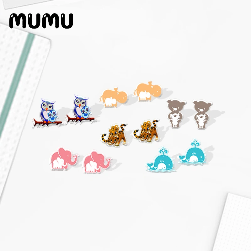 2020 New Animals Family Stud Earring Baby Owl Elephant Acrylic Earrings Resin Epoxy Handmade Jewelrys