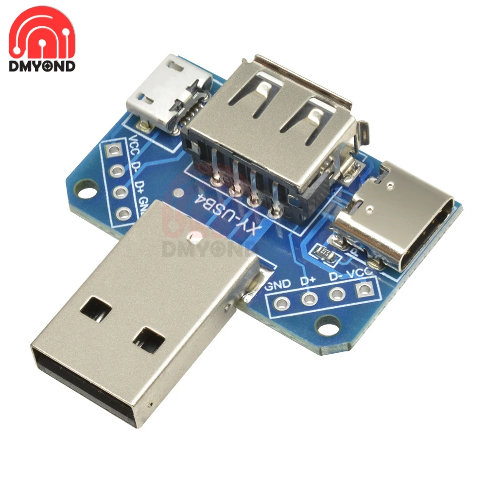 USB to MICRO to TYPE-C Adapter Board 4Pin 4P USB 2.54mm Male to Female Straight Plug Connector PCB Converter Breadboard Module