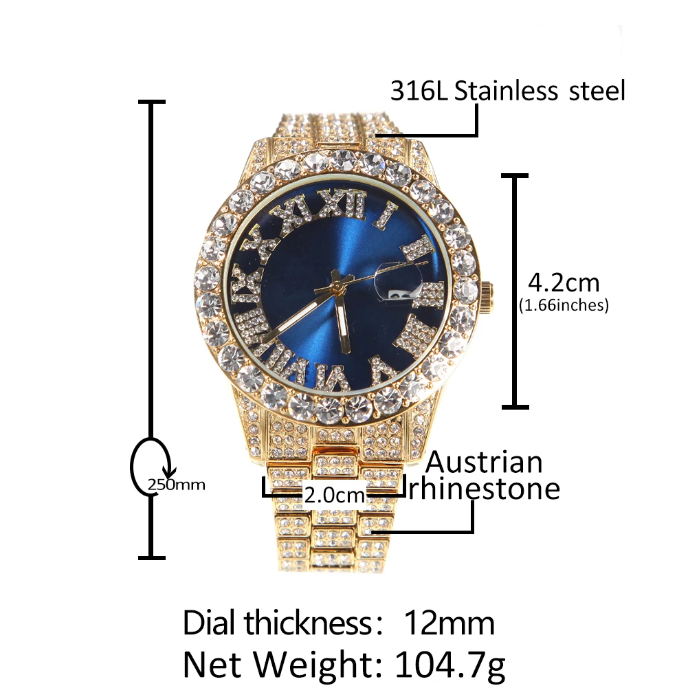 Uwin Big Dial Watches Pink Purple Blue Black Full Iced Out Men Stainless Steel Fashion Luxury Rhinestones Quartz Business