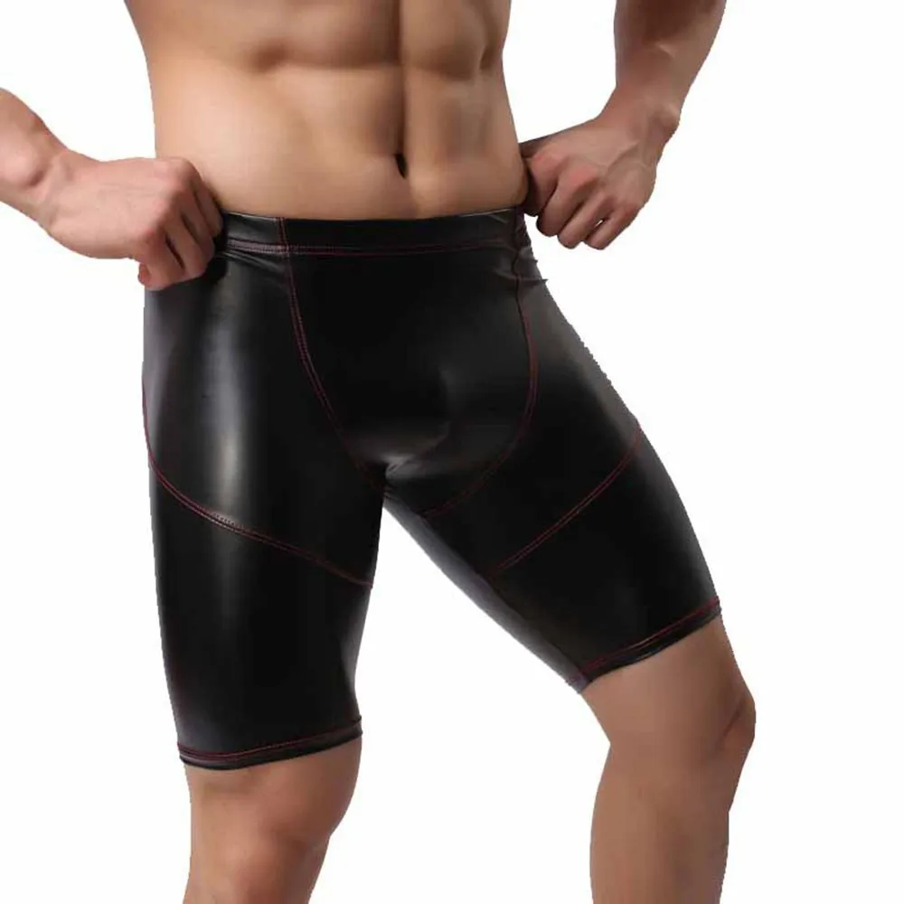 Mens Sexy Long Leg Boxers PU Leather Solid Underwear Elastic Panties Mid-Waist Black Pants Male Breathable Leather Trunks